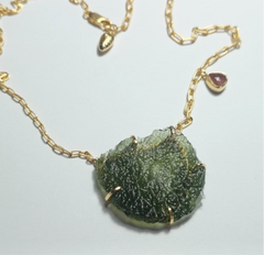 Gold Plated Moldavite Necklace with Strawberry Quartz Accent Stone