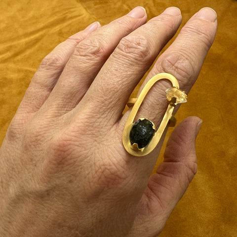 One-of-a-Kind Artisan Design Moldavite & Herkimer Gold Plated Ring - Size 7