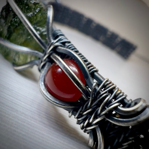 Antiqued Silver Moldavite bracelet with Red Carnelian