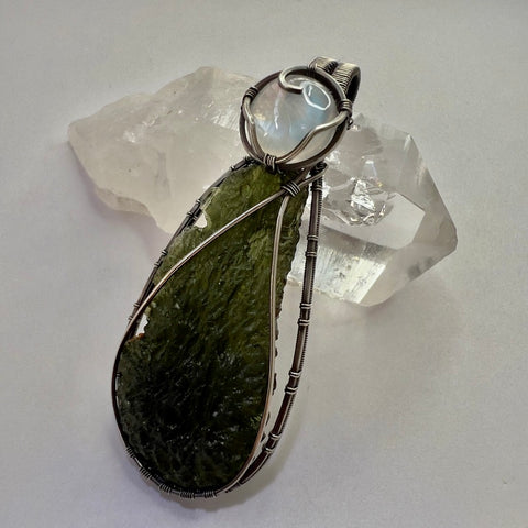 Moldavite & Moonstone Sterling Silver Pendant | 4.84g | Chlum