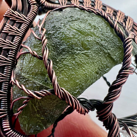 Moldavite & Herkimer Diamond Copper Tree of Life Pendant | 4.93g | Chlum
