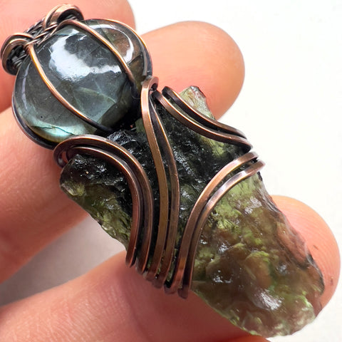 Moldavite & Labradorite Pendant - Copper Wrap