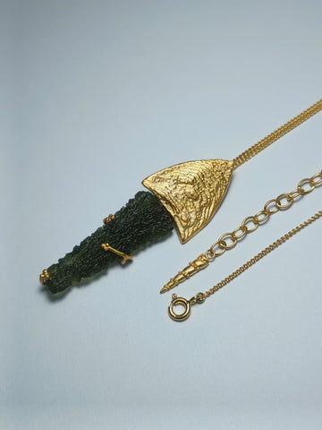 Leaf-Inspired Gold-Plated Moldavite Necklace (3.45g) — Chlum, Czech Republic