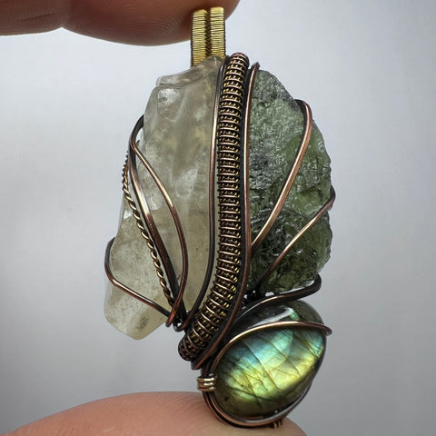 Moldavite, Libyan Desert Glass & Labradorite Pendant - Copper & Brass Wrap