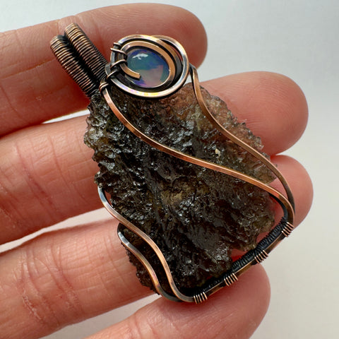 Moldavite & Opal Copper Pendant | 4.6g | Chlum
