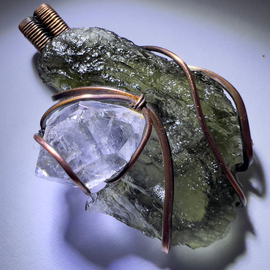 Moldavite & Herkimer Diamond Copper Pendant