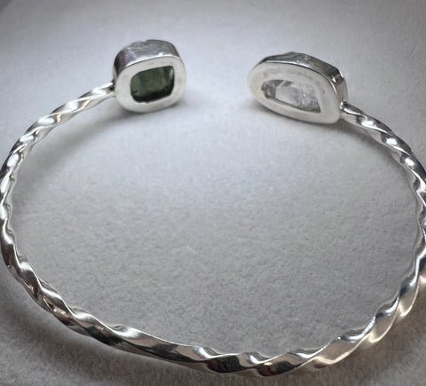 Moldavite & Herkimer Diamond Twisted Sterling Silver Bracelet