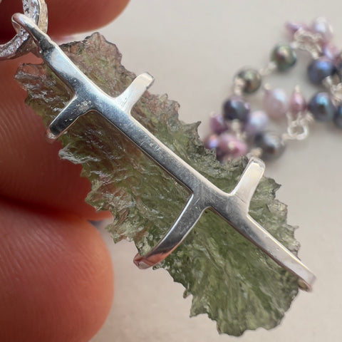 Sterling Silver & Mixed Pearl Beaded Moldavite Necklace
