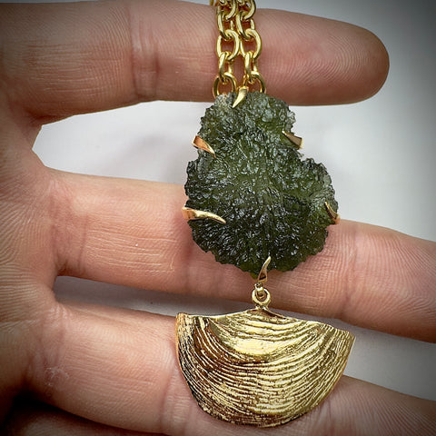 Gold Plated Moldavite & Libyan Desert Glass Necklace | 5.4g | Chlum