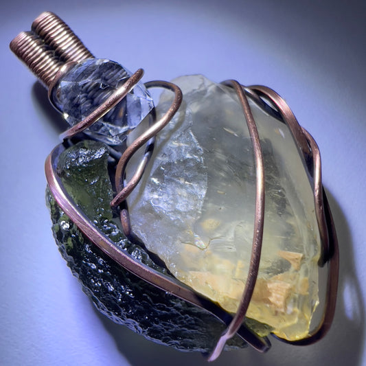 Moldavite, LDG & Herkimer Necklace - Copper Wrap