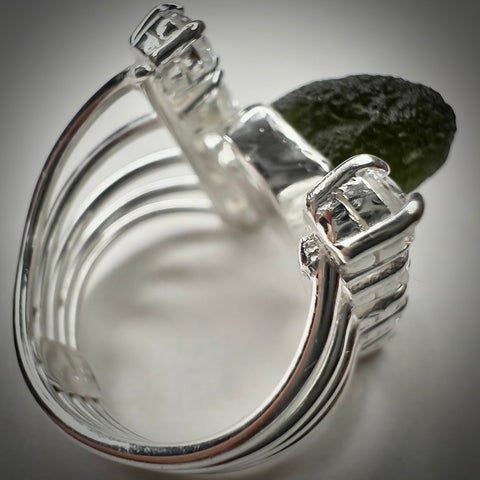 Sterling Silver Moldavite & Cubic Zirconia Ring | Size 6.5 (N) | Chlum