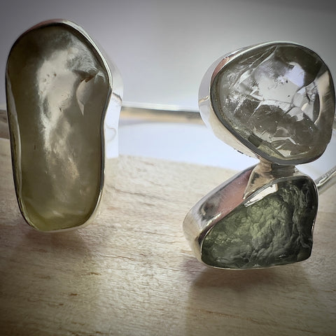 Sterling Silver Moldavite Open Cuff Bracelet with Herkimer Diamond & LDG | 0.7g | Marouskovo Pole