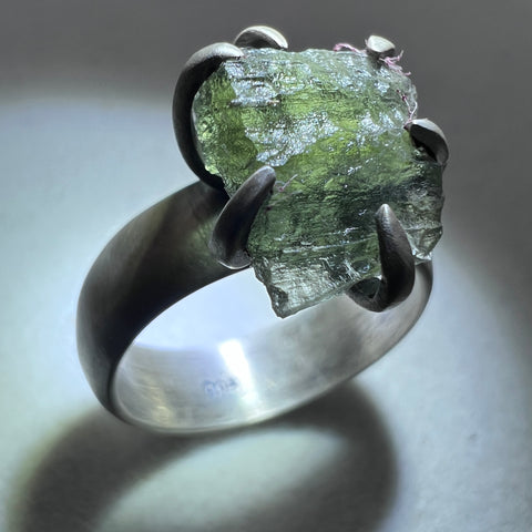 Oxidised Sterling Silver Moldavite Claw Ring | Size 7.5 (P) | Chlum