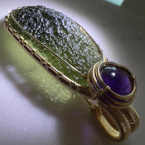 14k Gold-Fill Moldavite & Amethyst pendant - 10.49g.