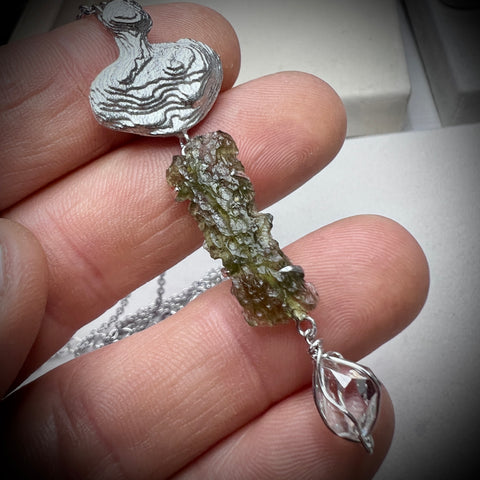 Sterling Silver Moldavite & Herkimer Diamond Necklace | 1.17g | Maly Chlum