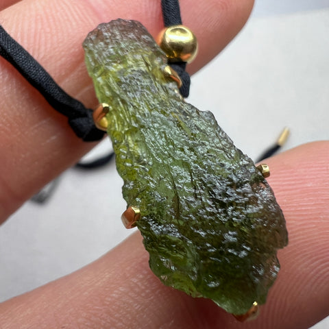 Gold Plated Moldavite Necklace with a Silk Cord