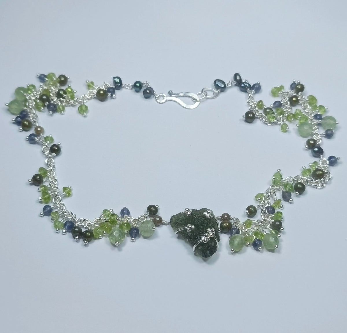 Stunning Grey Pearl & Mixed Peridot Moldavite Necklace