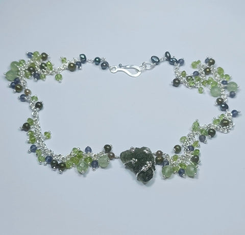 Stunning Grey Pearl & Mixed Peridot Moldavite Necklace