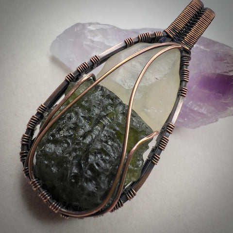 Moldavite & Libyan Desert Glass Pendant - Copper Wrap