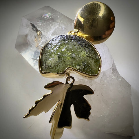 Gold Plated "Leaf" Moldavite Earrings | 2.9g | Chlum