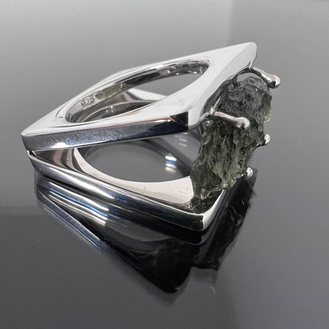 Sterling Silver Geometric Moldavite Ring - Size 8