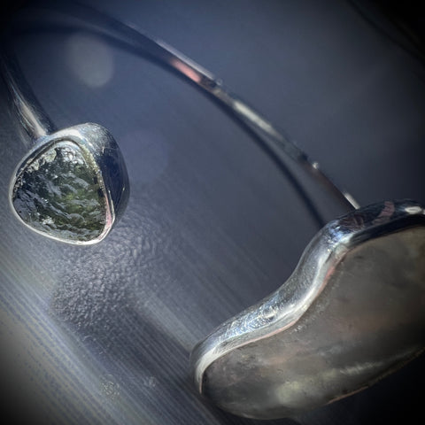 Moldavite & Libyan Desert Glass Open Bracelet in Sterling Silver