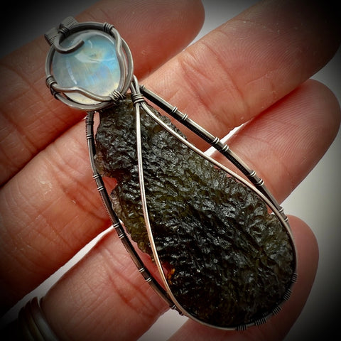 Moldavite & Moonstone Sterling Silver Pendant | 4.84g | Chlum