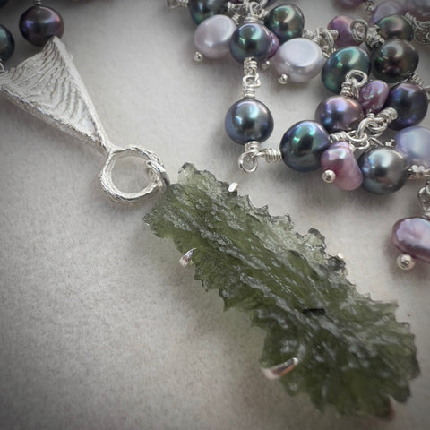 Sterling Silver & Mixed Pearl Beaded Moldavite Necklace