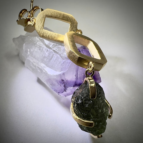 White Topaz/Moldavite Gold plated Earrings | 1.4g | Chlum