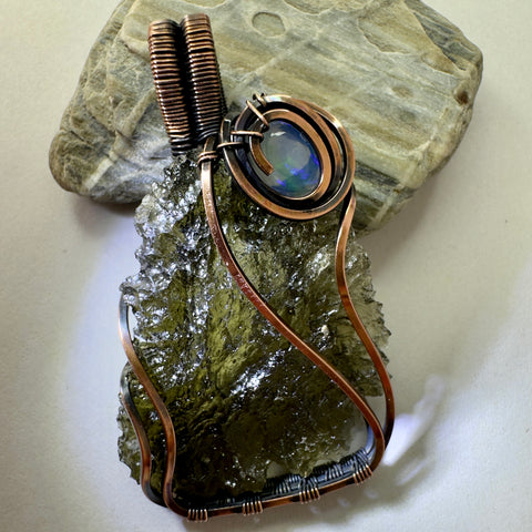 Moldavite & Opal Copper Pendant | 4.6g | Chlum