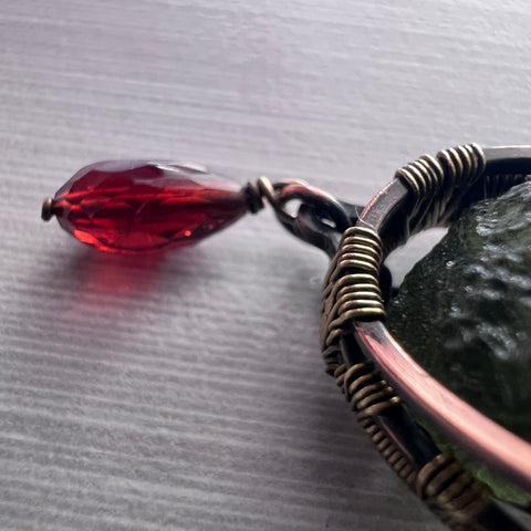 Moldavite Copper/Brass pendant with Garnet Acccents