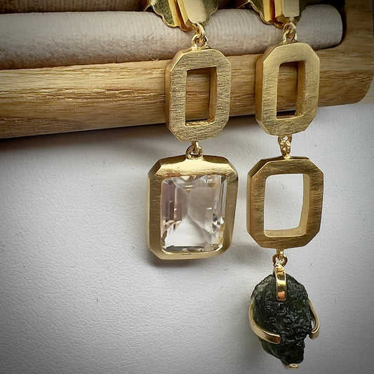 White Topaz/Moldavite Gold plated Earrings | 1.4g | Chlum