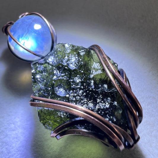 Moldavite & Moonstone Pendant - Copper Wrap