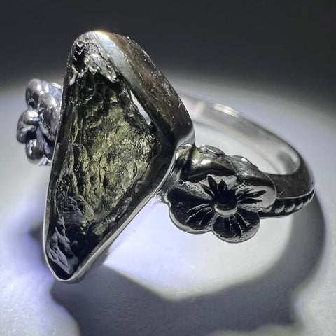 Floral Moldavite Ring in Sterling Silver – Size 8