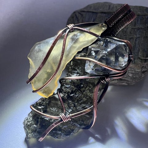 Moldavite, LDG & Herkimer Diamond Copper Pendant | 1.36g | Chlum