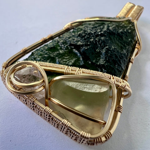 Gold Moldavite, LDG & Herkimer Pendant | 8.11g | Marouskovo Pole