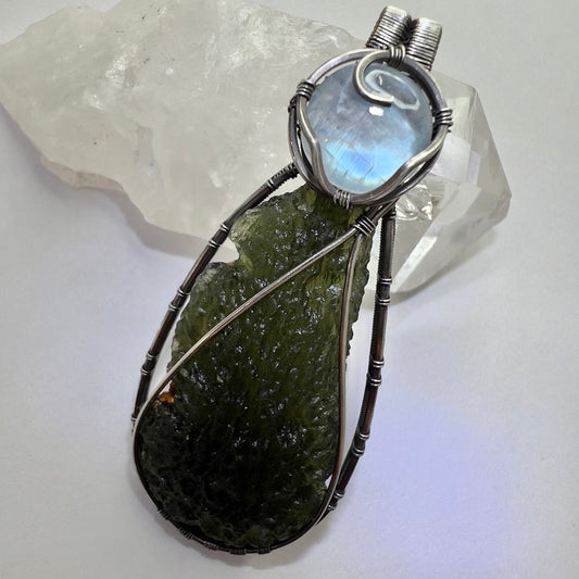 Moldavite & Moonstone Sterling Silver Pendant | 4.84g | Chlum