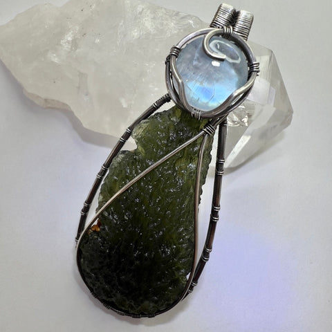 Moldavite & Moonstone Sterling Silver Pendant | 4.84g | Chlum