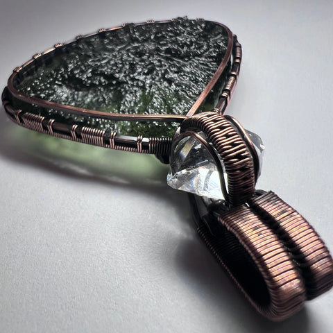 Moldavite & Herkimer Diamond Copper Wrapped Pendant – 10.62g