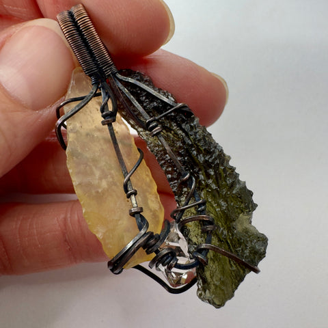 Moldavite, LDG & Herkimer Diamond Copper Pendant | 3.61g | Chlum