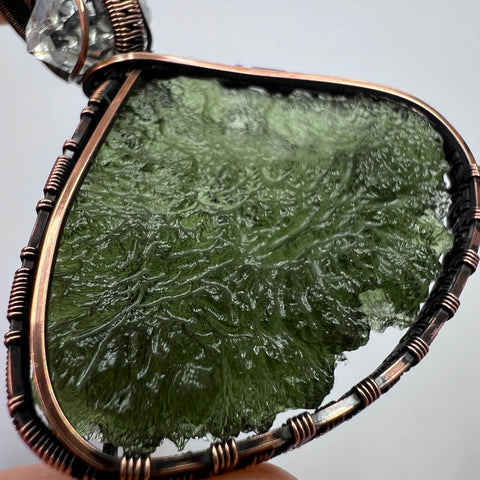 Moldavite & Herkimer Diamond Copper Wrapped Pendant – 10.62g