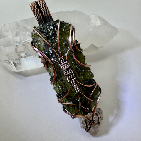 Moldavite & Herkimer Diamond Copper Pendant | 7.4g | Marouskovo Pole