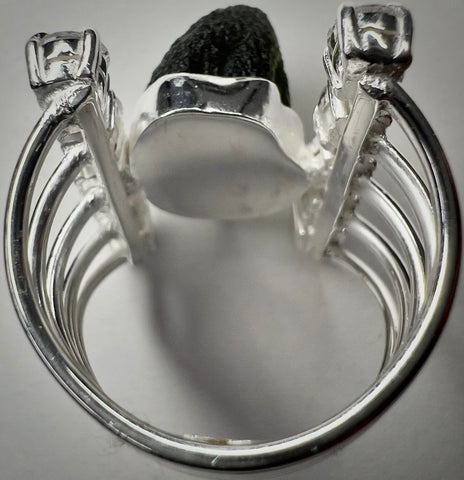 Sterling Silver Moldavite & Cubic Zirconia Ring | Size 6.5 (N) | Chlum