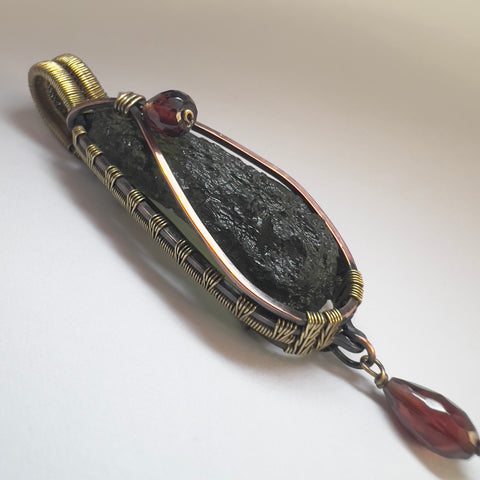Moldavite Copper/Brass pendant with Garnet Acccents
