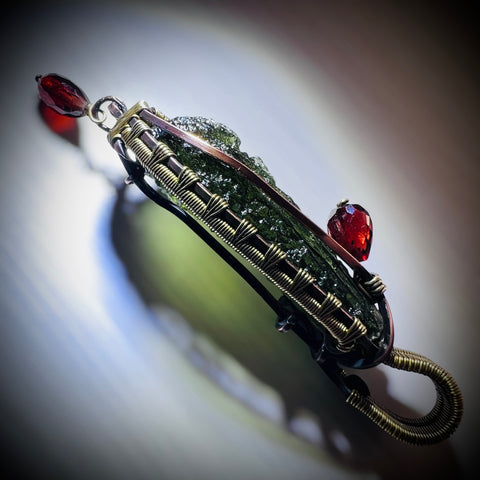 Moldavite Copper/Brass pendant with Garnet Acccents