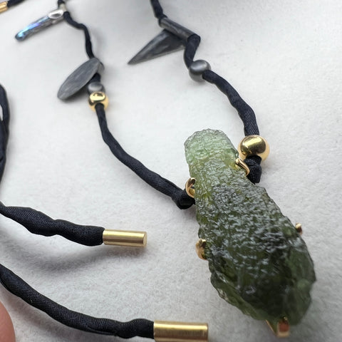 Gold Plated Moldavite Necklace with a Silk Cord