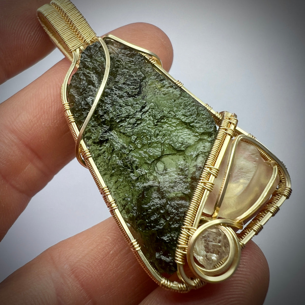 Gold Moldavite, LDG & Herkimer Pendant | 8.11g | Marouskovo Pole