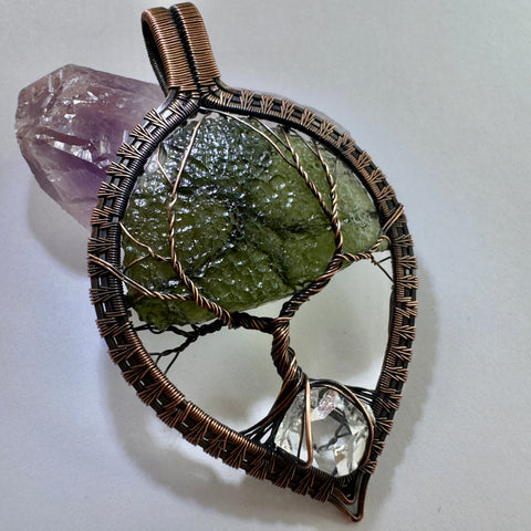 Moldavite & Herkimer Diamond Copper Tree of Life pendant | 6.61g | Chlum