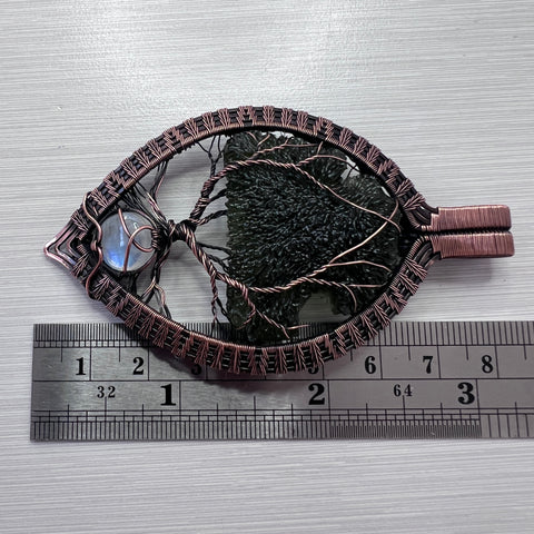 Moldavite & Moonstone Copper Tree of Life Pendant | 9.11g | Chlum