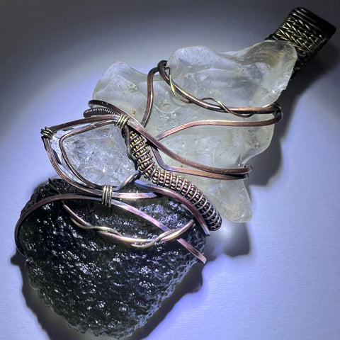 Moldavite, Libyan Desert Glass & Herkimer Diamond Pendant - Copper & Brass Wrap